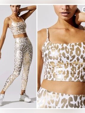 Carbon 38 White Gold Cheetah Animal Print Work out SET leggings & Bra Medium
